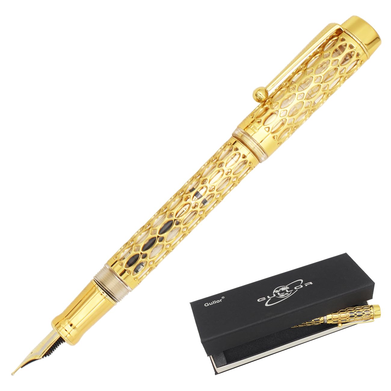 Gullor Openwork Gold Fountain Pen with Gift Box, Screw Cap, Transparent Barrel, Medium Nib, Clear