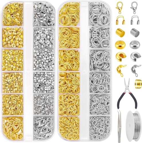Image of Dhruv Crafts 1520PCS Crimp Beads for Jewelry Making,Open Jump Rings Jewelry Crimp Beads Covers Tubes Lobster Clasps Necklace Repair Kit with Pliers for Crafts DIY Jewelry Making(Silver & Gold)
