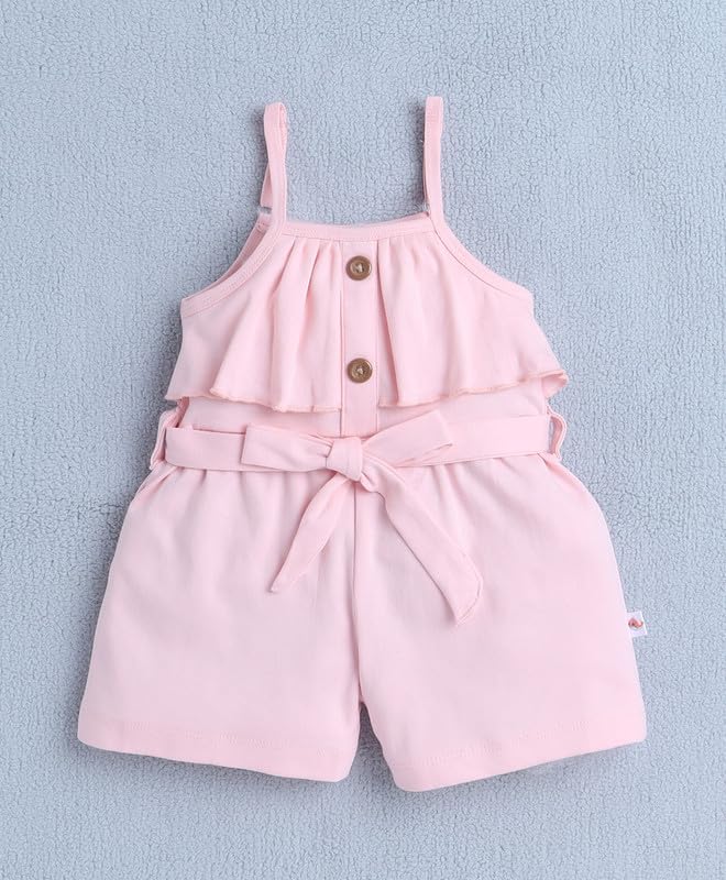 Image of BUMZEE Baby Girls Regular Fit Sleeveless Square Neck Cotton Above Knee Jumpsuit With Belt