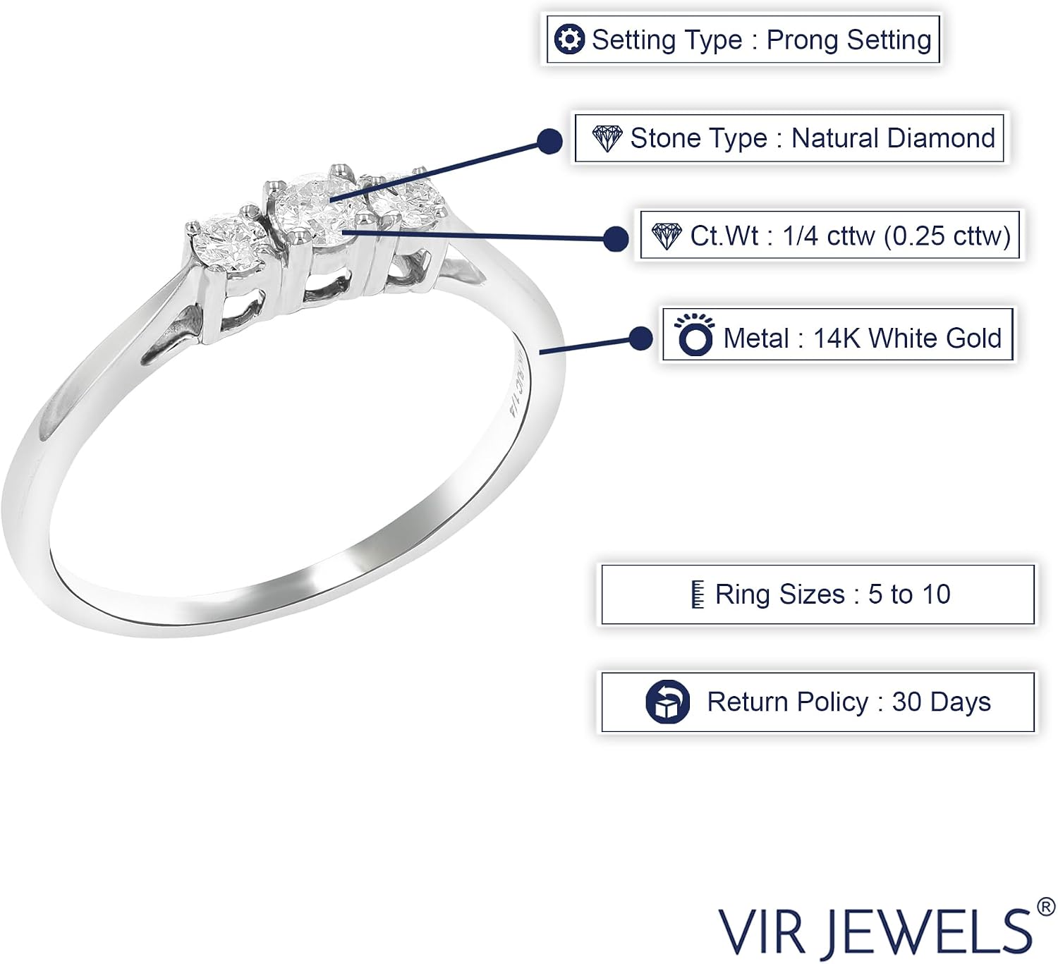 VIR JEWELS 1/4 cttw 3 Stone Diamond Engagement Ring 14K White Gold Round Bridal Wedding