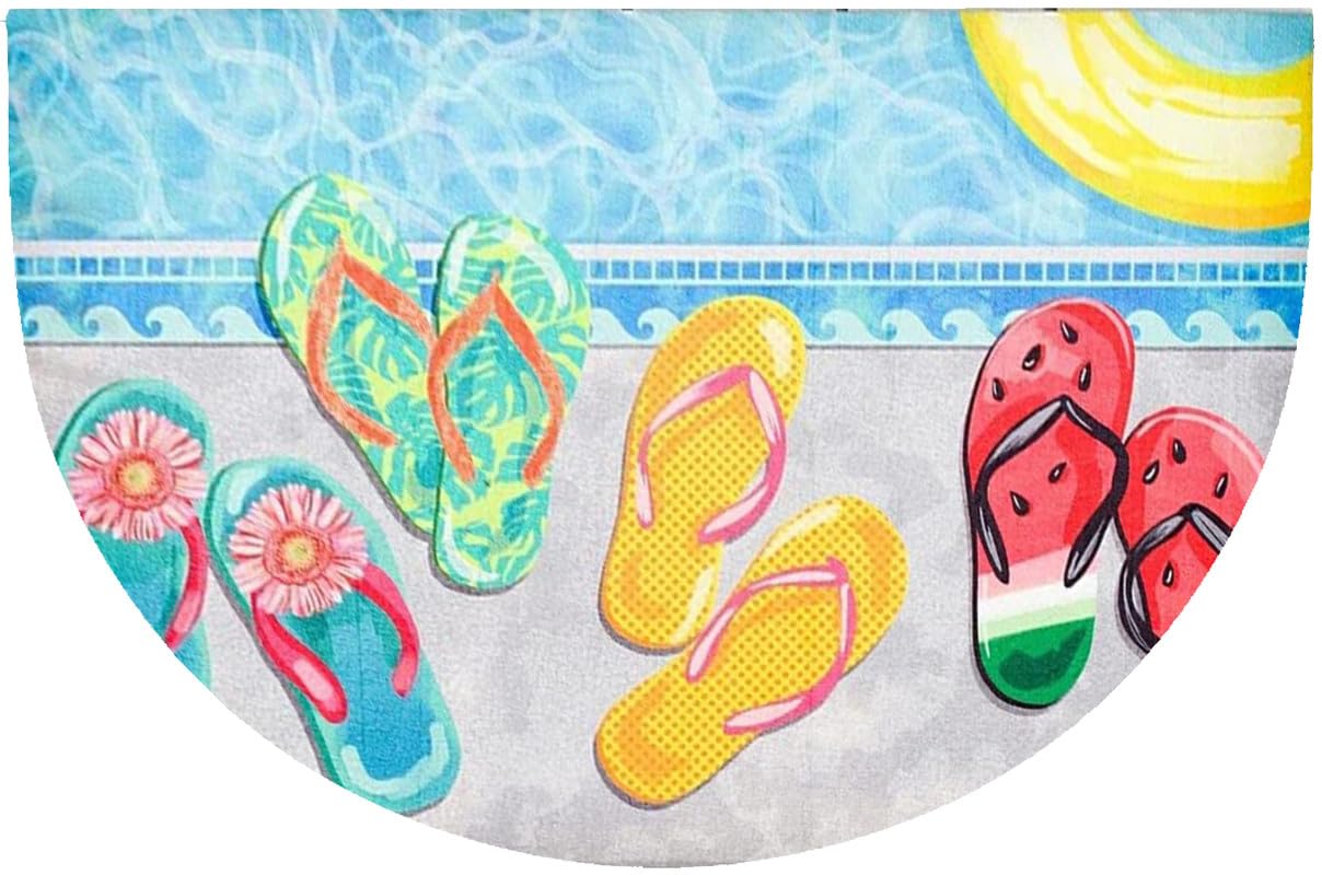 Summer Welcome Mat Beach Half Round Door Mat Indoor Entrance,Poolside Flip Flops Doormat Outdoor Non-Slip Half Circle Area Rug Washable Porch Decor