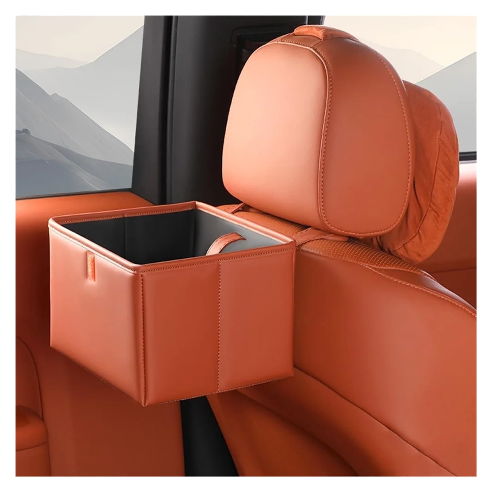 Basurero para coche de cuero naranja cubo de basura plegable y caja de almacenamiento impermeable 6
