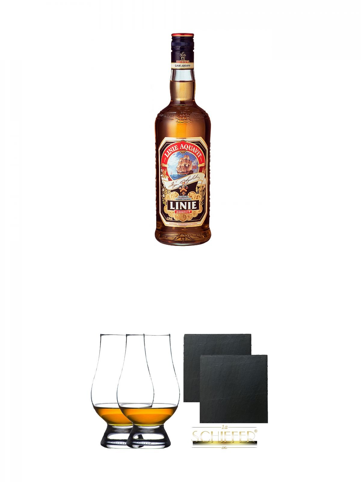 Linie Aquavit Norwegische Spezialität 1,0 Liter + The Glencairn Glas Stölzle 2 Stück + Schiefer Glasuntersetzer eckig ca. 9,5 cm Ø 2 Stück