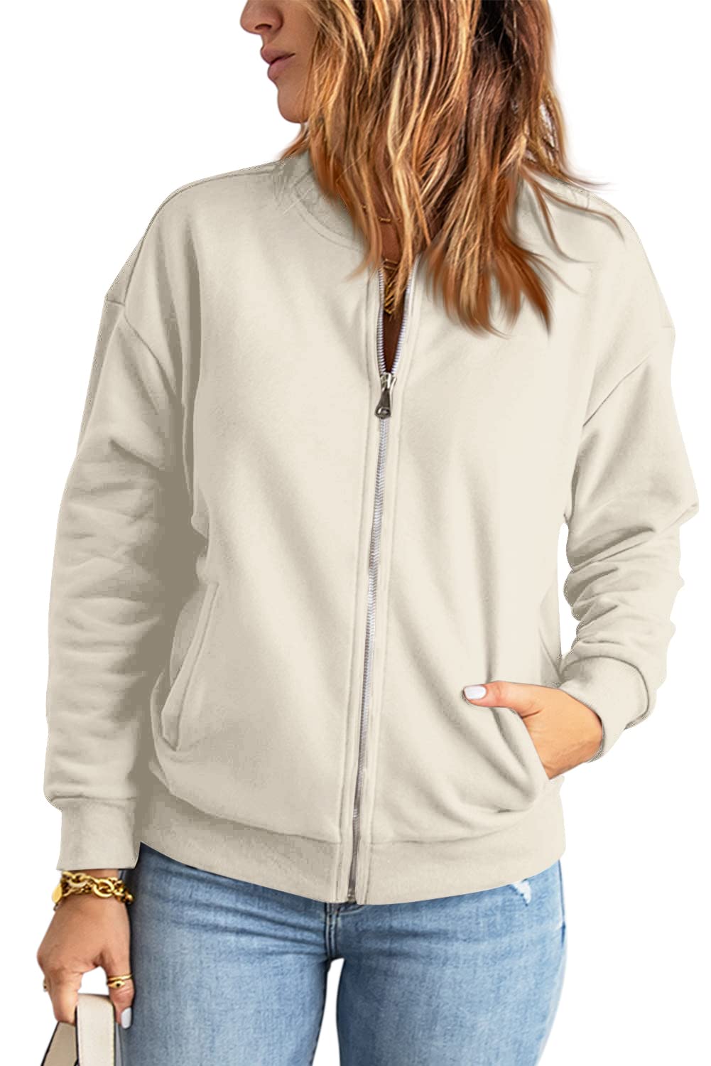 GeGekoko Sweat-shirt zippé pour femme - Veste surdimensionnée - Couleur unie - Manches longues - Haut avec poche