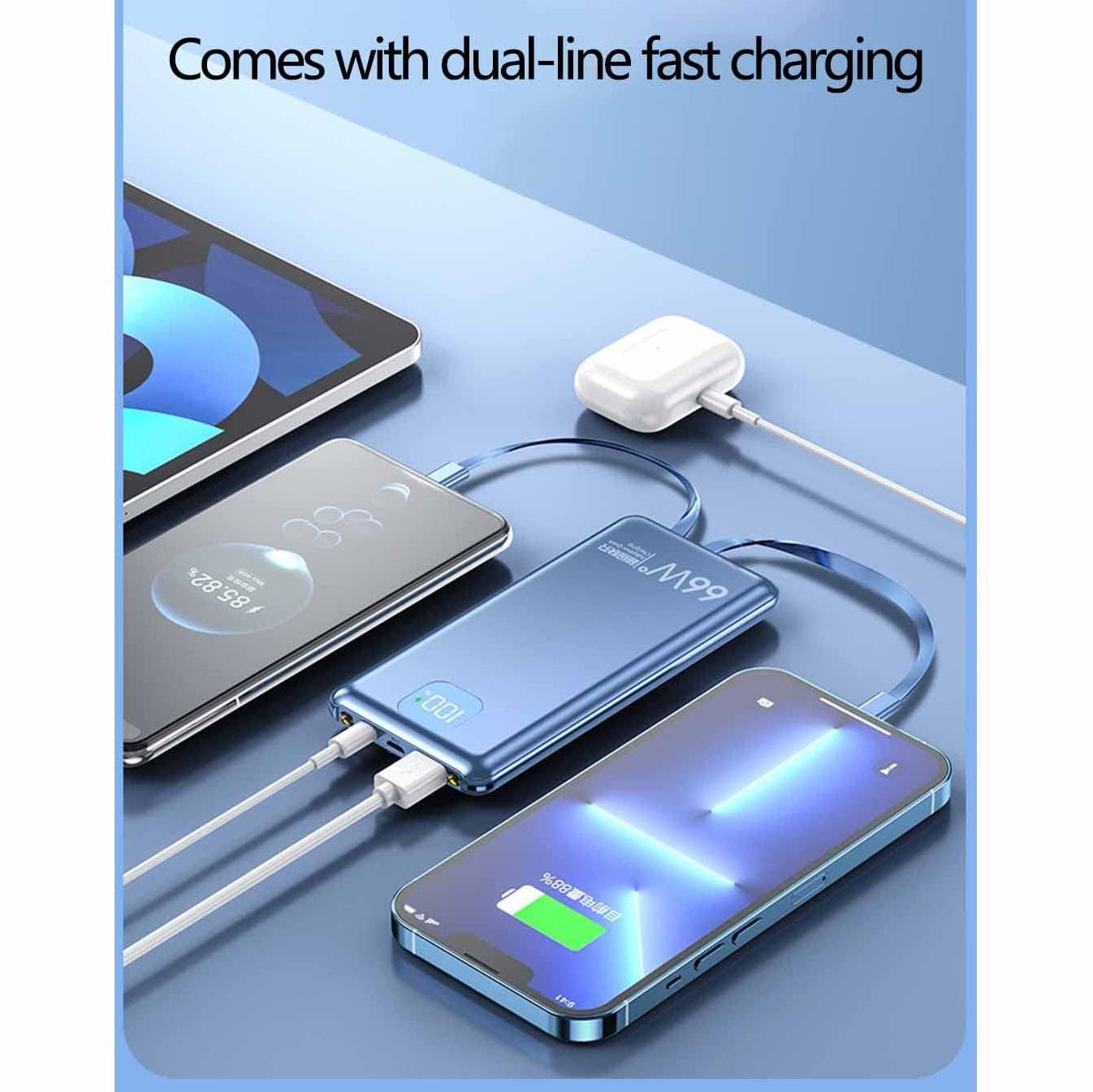 Banco de energía de 20 000 mAh, Cargador portátil con Cables Integrados, USB C, 3 Salidas y 2 entradas, Pantalla LED, Linterna, Cargador de teléfono, Paquete de batería, Azul