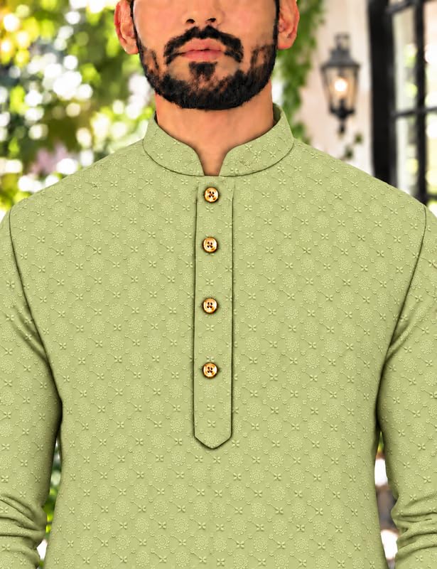 Image of Men's Lakhnawi Chikankari Kurta Set Cotton Ethnic Kurta Pajama for Men Wedding Festive Designer Indian Outfit Stylish Embroidered Kurta Set