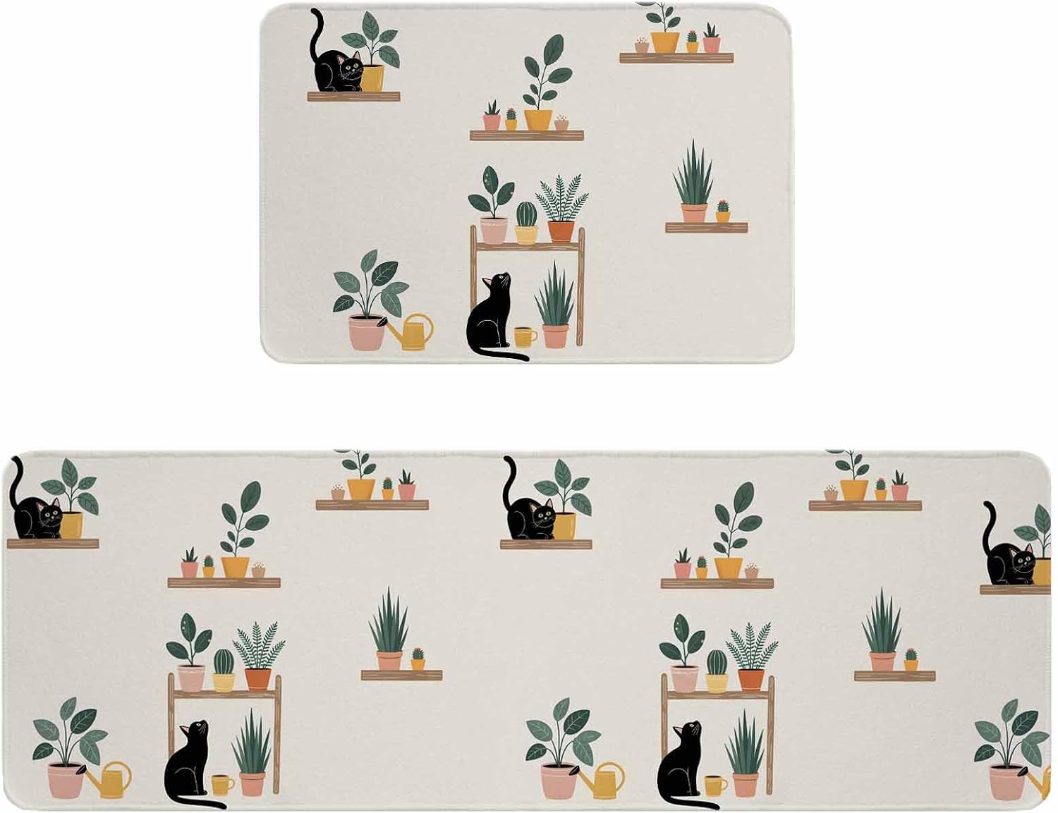 Japanese Kitchen Rugs and Mats Set of 2, Non-Slip Kitchen Sink Mat, Farmhouse Cartoon Cats Green Vegetation Plants Washable Doormat Bathroom Rugs Runner for Bedroom/Living Room 17.7"x30"+17.7"x59"