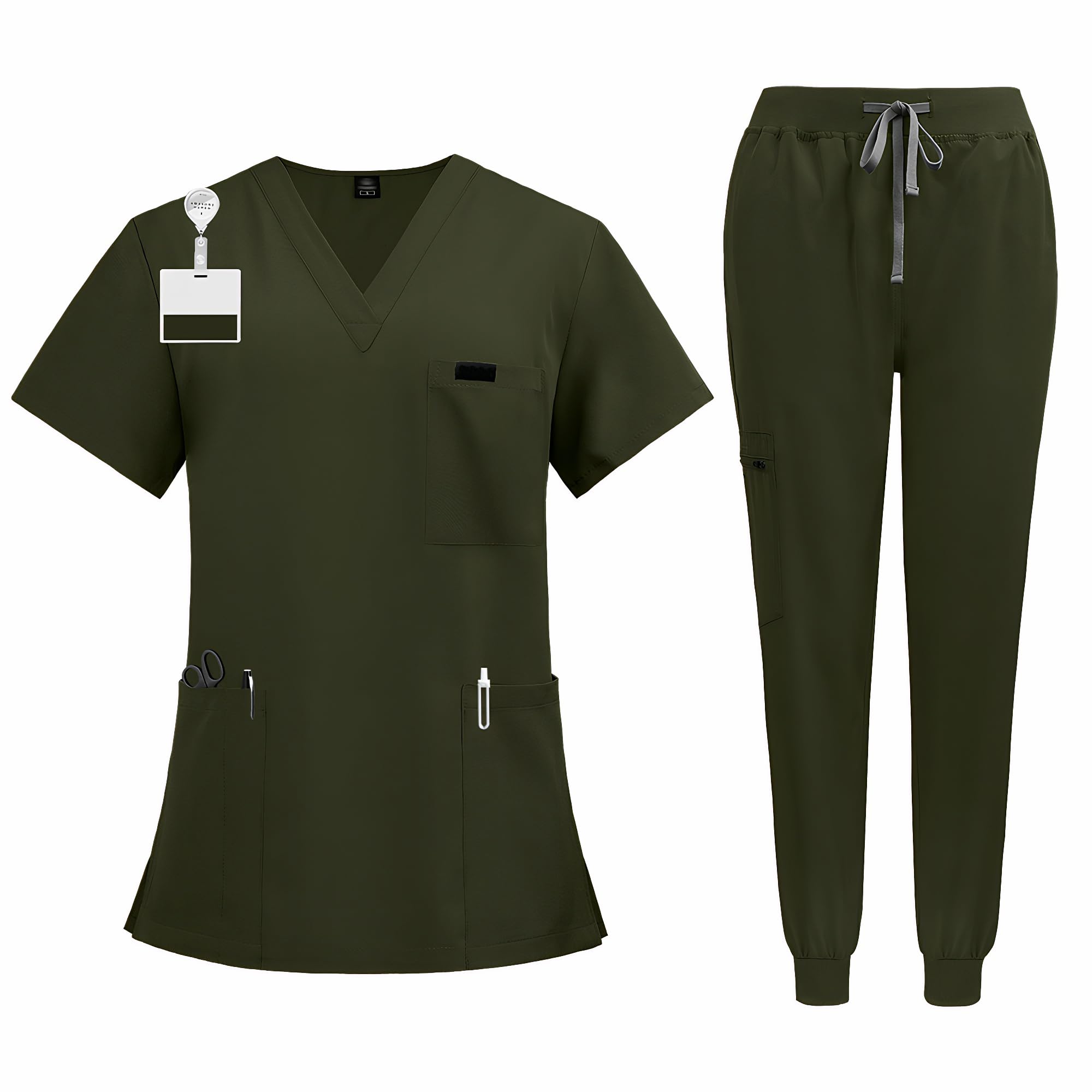 Medical Scrub Set Scollo A V Manica Corta Top con 3 Tasche Elastico Polsino Pantaloni Traspirante Dell'Assistenza Sanitaria Uniforme CK13