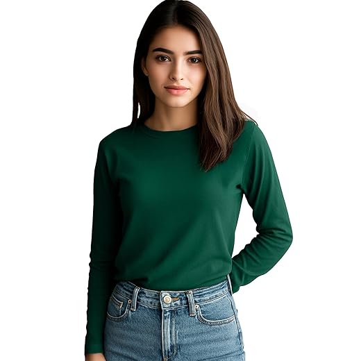 JUNEBERRY® Pure Cotton Round Neck Regular Fit Core Fashion Solid Full Sleeve T-Shirt for Women & Girls (Colors: Black, Cork, Green, Navy, Swanwhite & White)