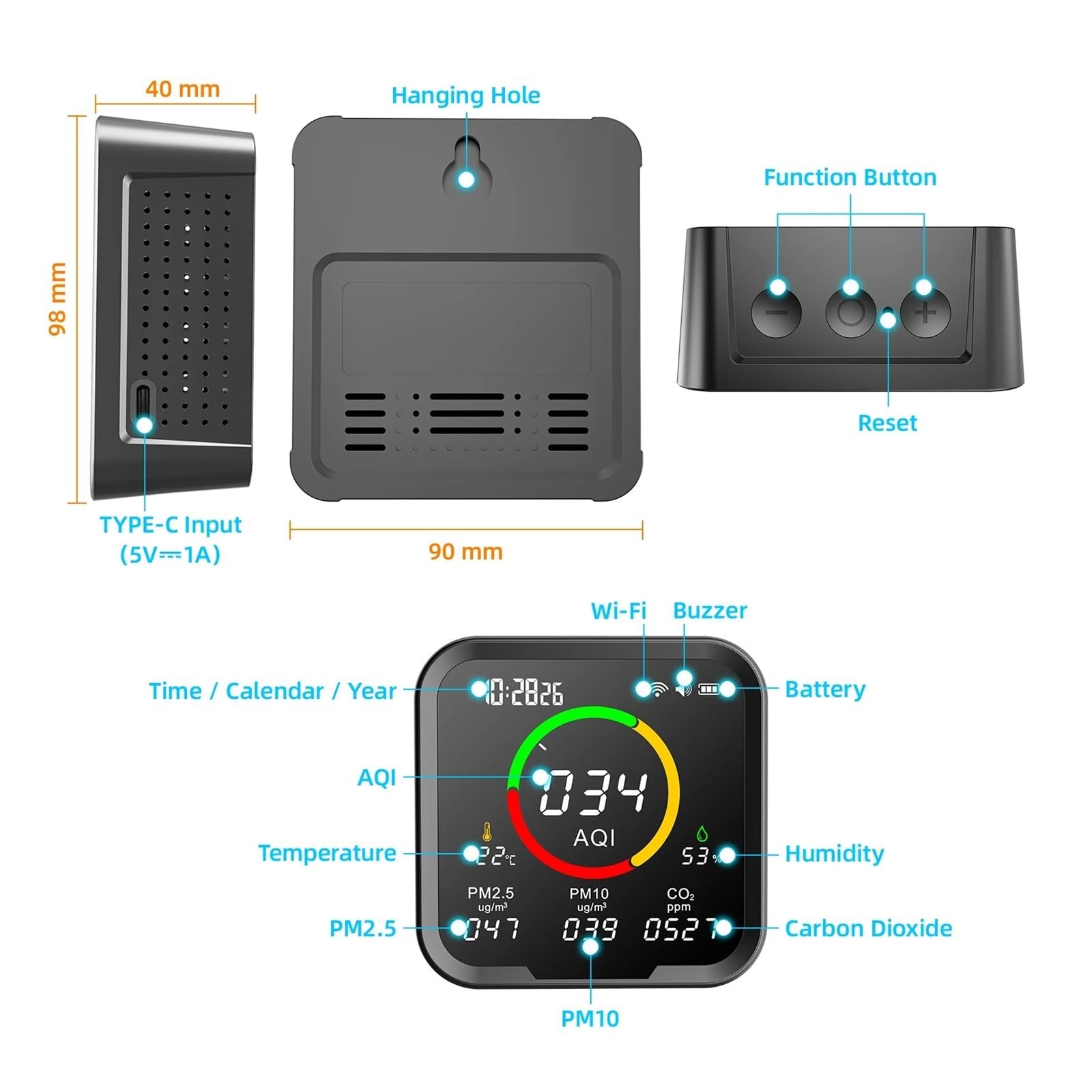 Monitor jakości powietrza, 6 w 1 Detektor CO2 Monitor jakości powietrza Miernik dwutlenku węgla Cyfrowy tester temperatury i wilgotności Zegar,do domu, biura, samochodu