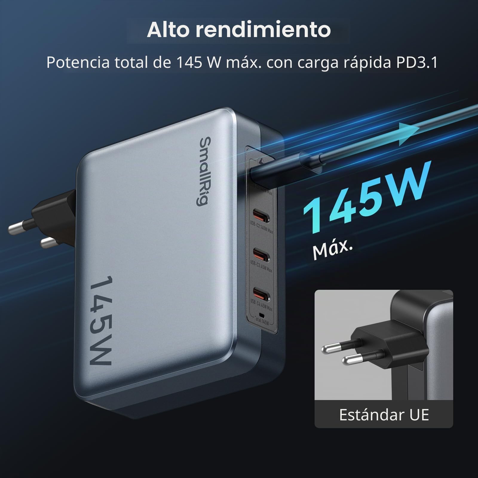 SMALLRIG Cargador USB-C de 145 W, Cargador Rápido Plegable GAN PD3.1 de 4 Puertos para MacBook Pro/Air, Adaptador de Corriente de Pared PPS para iPad, Batería con Montura en V - 4748