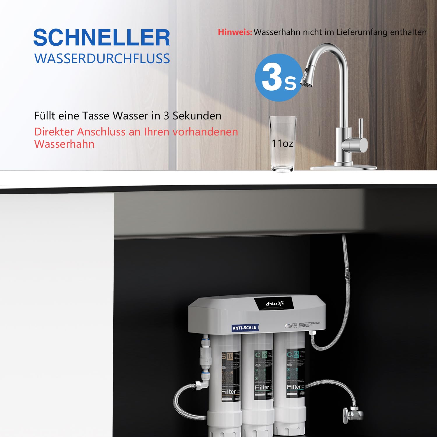 Frizzlife SK99 Untertisch Wasserfiltersystem, 3-stufiger 0,5 Mikron Filter gegen Chlor & Blei, NSF/ANSI 42&53 zertifiziert, Anti-Kalk-Technologie verlängert die Filterlebensdauer