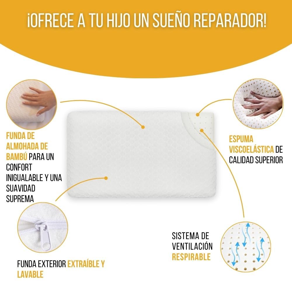 Inphysio® Almohada para Niños de 2 años, Cojín para Niños, Almohada Plana, Almohada de Espuma con Memoria, Almohada Ergonómica Cervical, Cojín para Bebés, Hipoalergénica, 50 x 30 x 5,5 cm