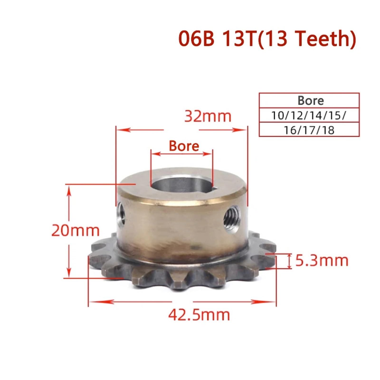 Bevel Gear Pinion Hardware Mechanical 1pc 06B Precision Industrial Drive Sprocket Wheel 10 11 12 13 Teeth 45# Steel Chain Gear Bore 12 Mm(13 Teeth)