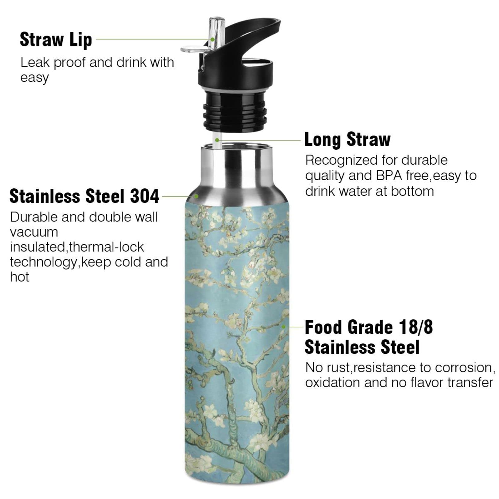 Mnsruu 34 Oz Water Bottle with Straw Van Gogh Almond Flower Tree Stainless Steel Water Bottle for Traveling Sports Leakproof Insulated Water Bottle - Image 3