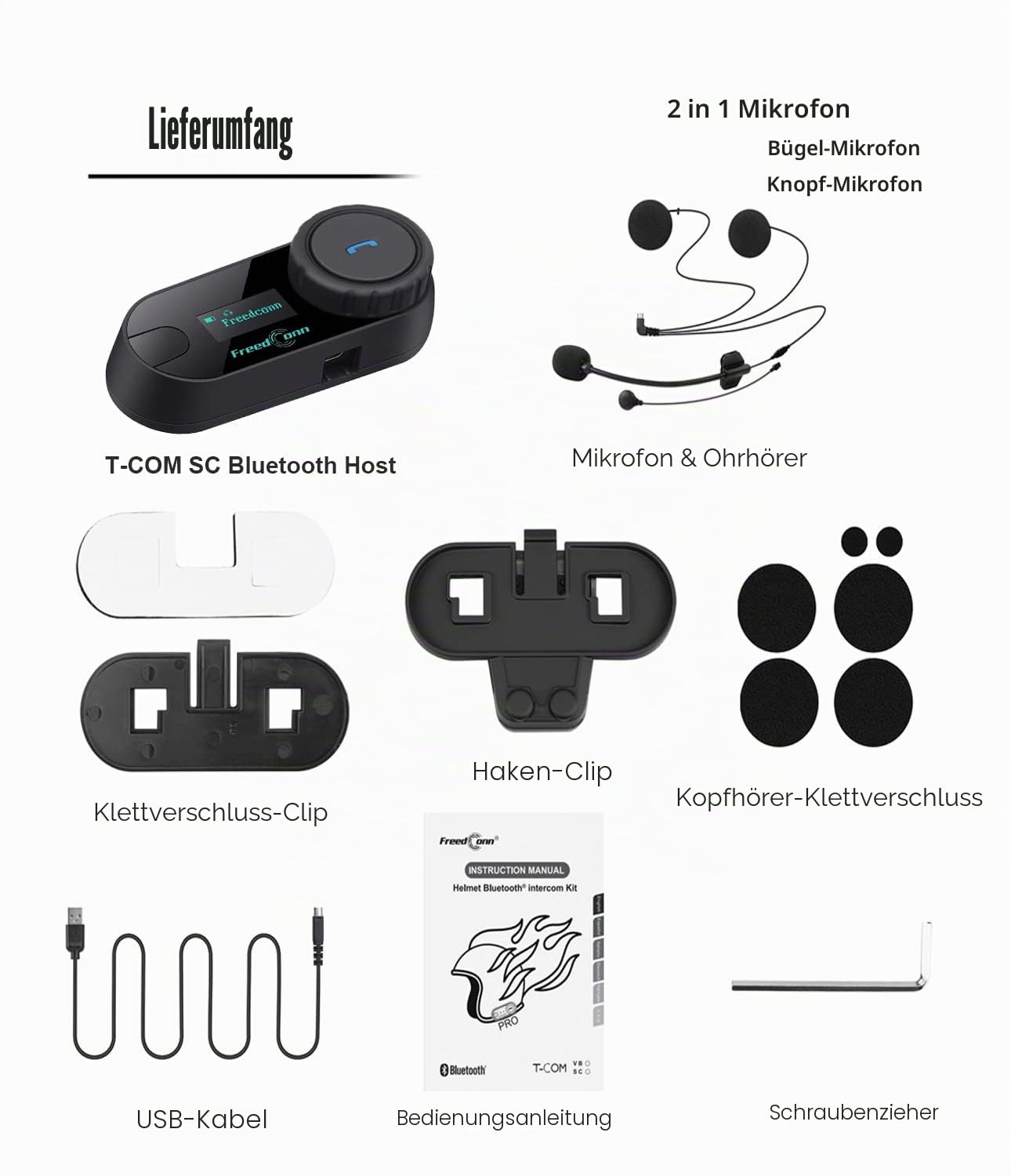 FreedConn Tcom-SC Intercom Motorrad Headset für 2 Personen Musik Teilen, Motorradhelm Kommunikationssystem 800M mit LCD-Bildschirm, Universelles Helm Bluetooth WasserdichtMatching 2-in-1-Mikrofon