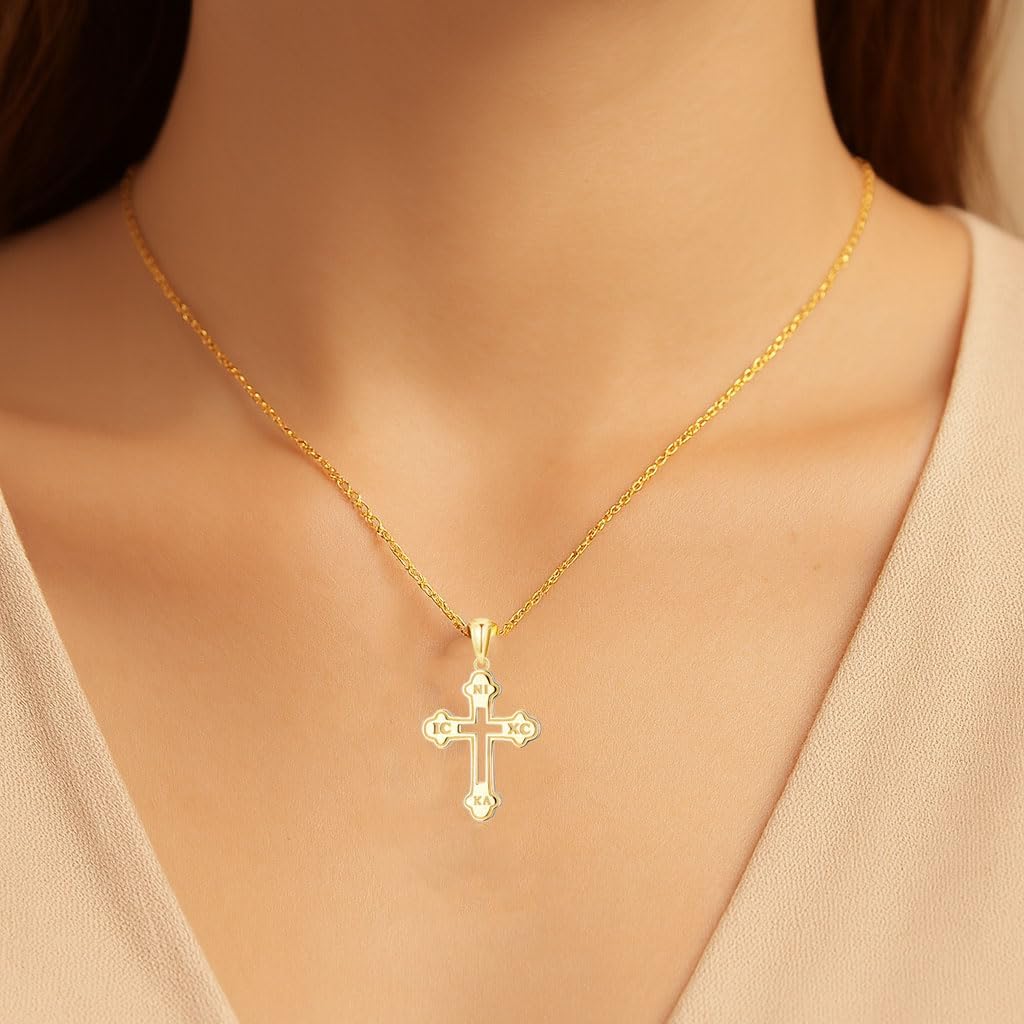 14K Gold IC XC NIKA Cross Necklace for Women, Real Yellow Gold Eastern Orthodox Cross Necklace, Religion Jewelry for Confirmation Baptism Ladies Mom, 16"+1"+1"