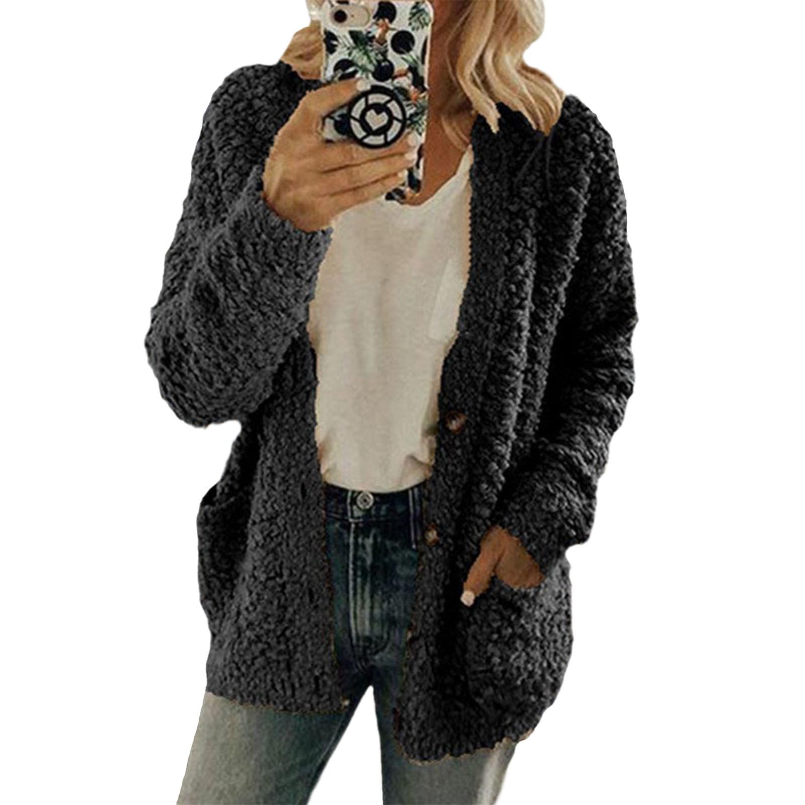 Womens Long Button Front Cardigan Sweater Fleece Jacket With Pockets Solid Lightweight Cozy Fall Winter Sweater