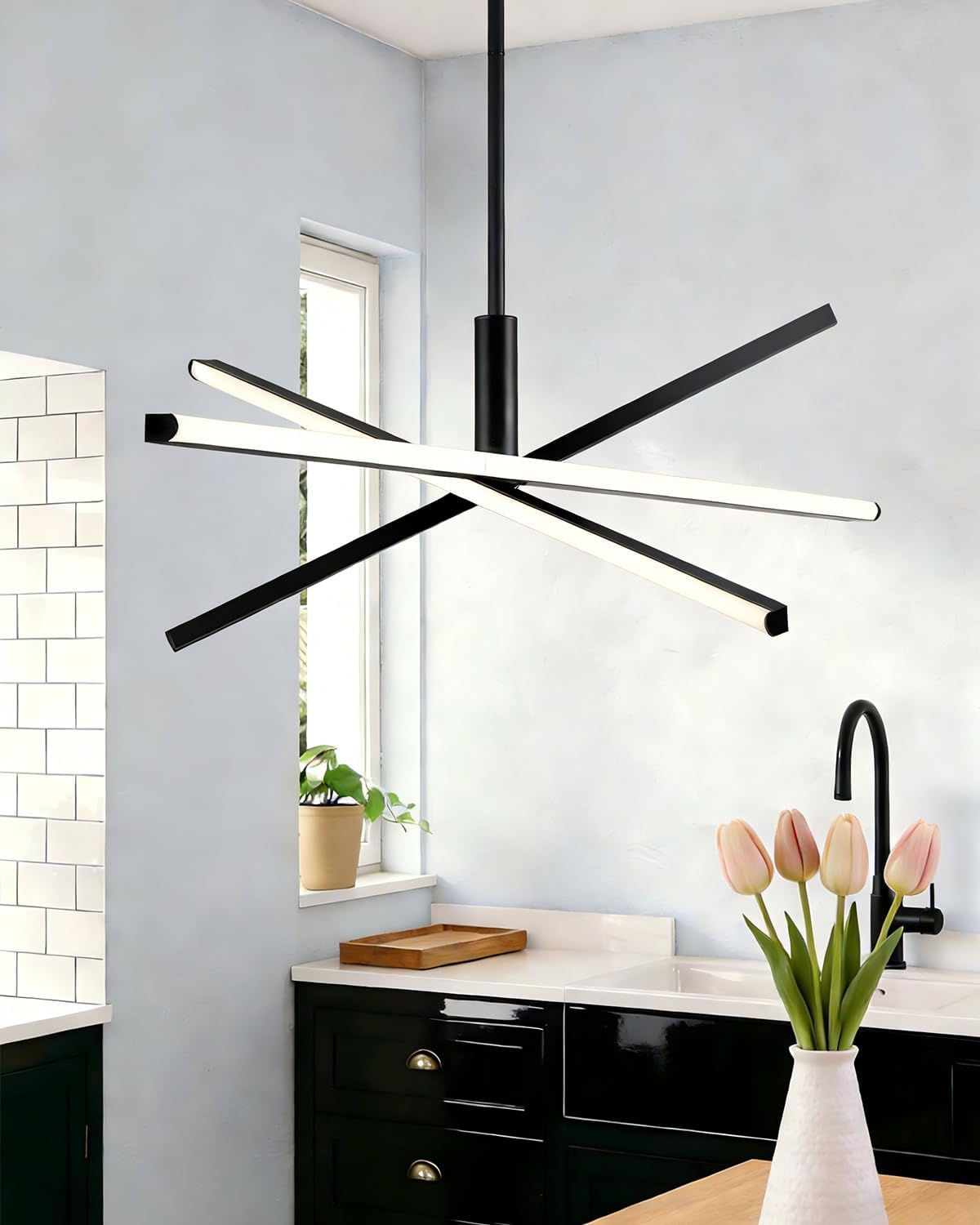 Modern Black LED Chandelier Sputnik Ceiling Light for Dining Room, 3-Light Linear Pendant Lights Over Table, Minimalist Lighting Fixtures for Kitchen Island, Foyer, Living Room, Restaurant, Office