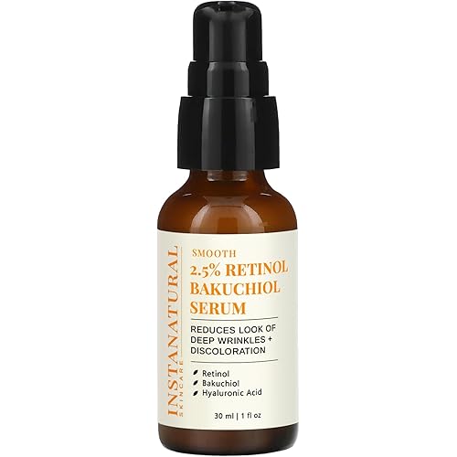 InstaNatural Retinol Serum for Face with 2.5% Retinol, Bakuchiol, Hyaluronic Acid & Squalane | Smoothing Serum for Even-Toned, Youthful-Looking Skin - 1 Fl Oz