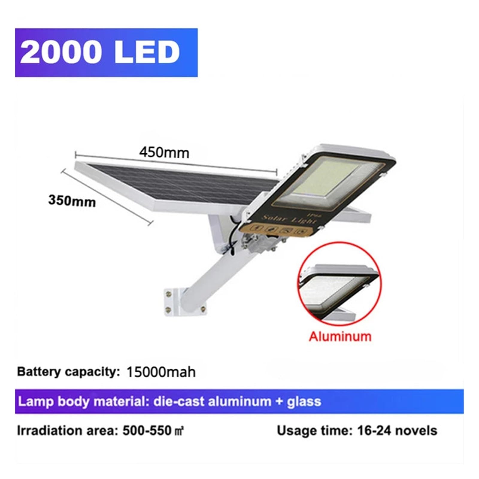 Lampa solarna zewnętrzna, 2000led Mocna słoneczna lampa uliczna Zewnętrzna aluminiowa słoneczna latarnia uliczna Ogród Światło słoneczne Zdalne sterowanie Wodoodporna lampa słoneczna