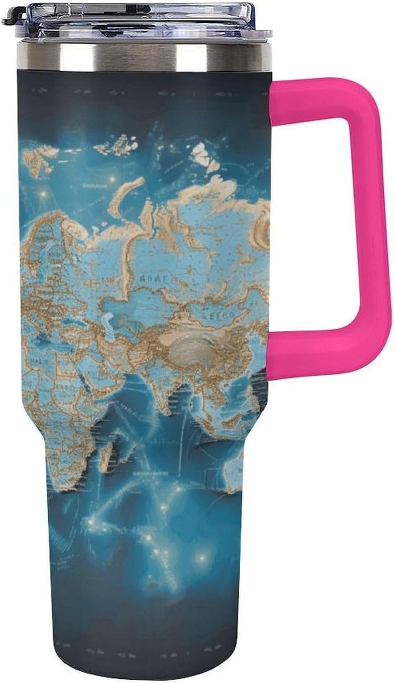 World Map Tumbler 40 Oz with Handle&Lid Large Car Cup Stainless Steel Vacuum Travel Mug Insulated Water Bottle Leak-proof Portable Coffee Cup for Home Car Outdoor