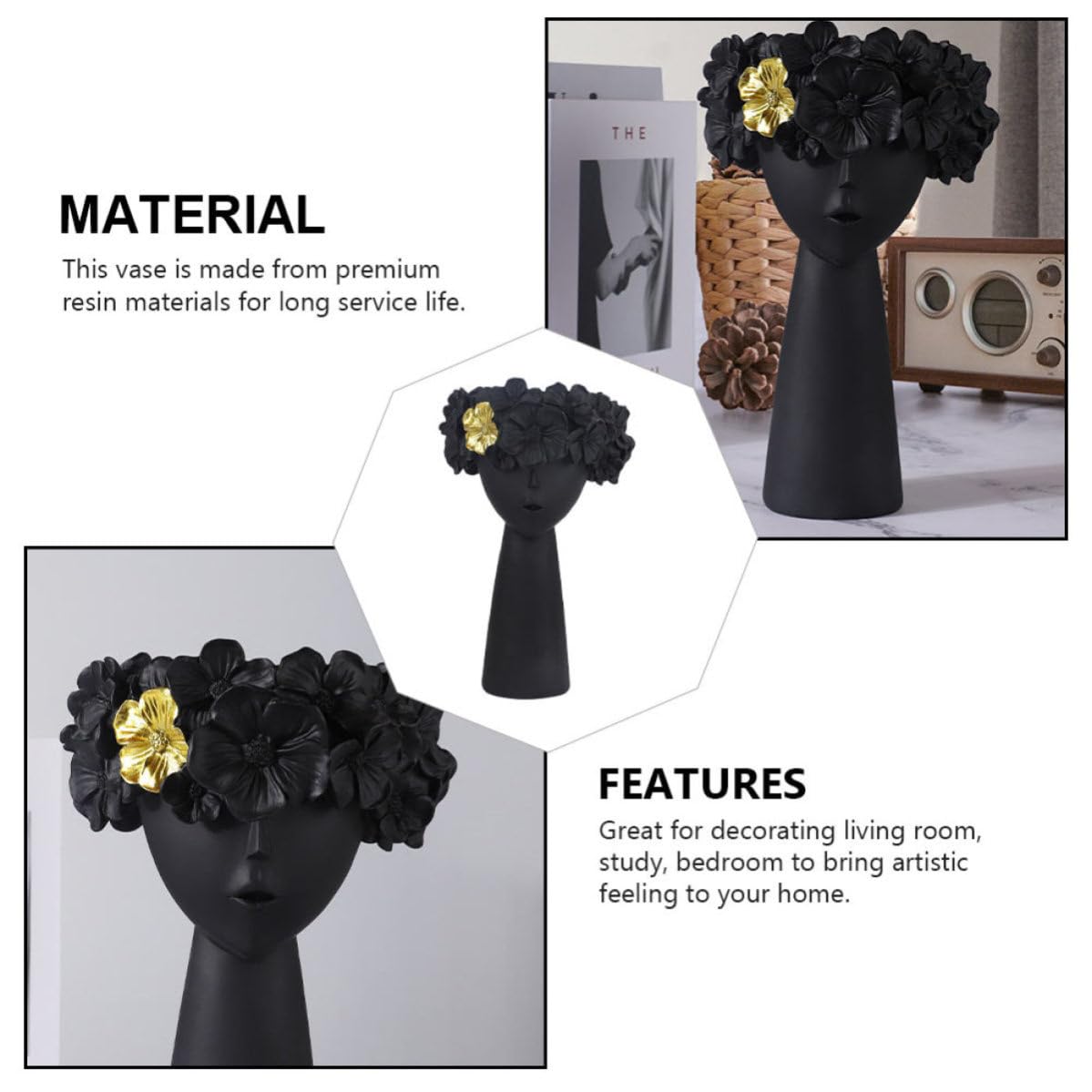 Design Statua Creativo Vaso Decorativo in Resina, Nero per Salotto | Contenitore Mobile Antiscivolo, Stile Artistico Nordico, per Studio e Soggiorno, Accessorio Incluso