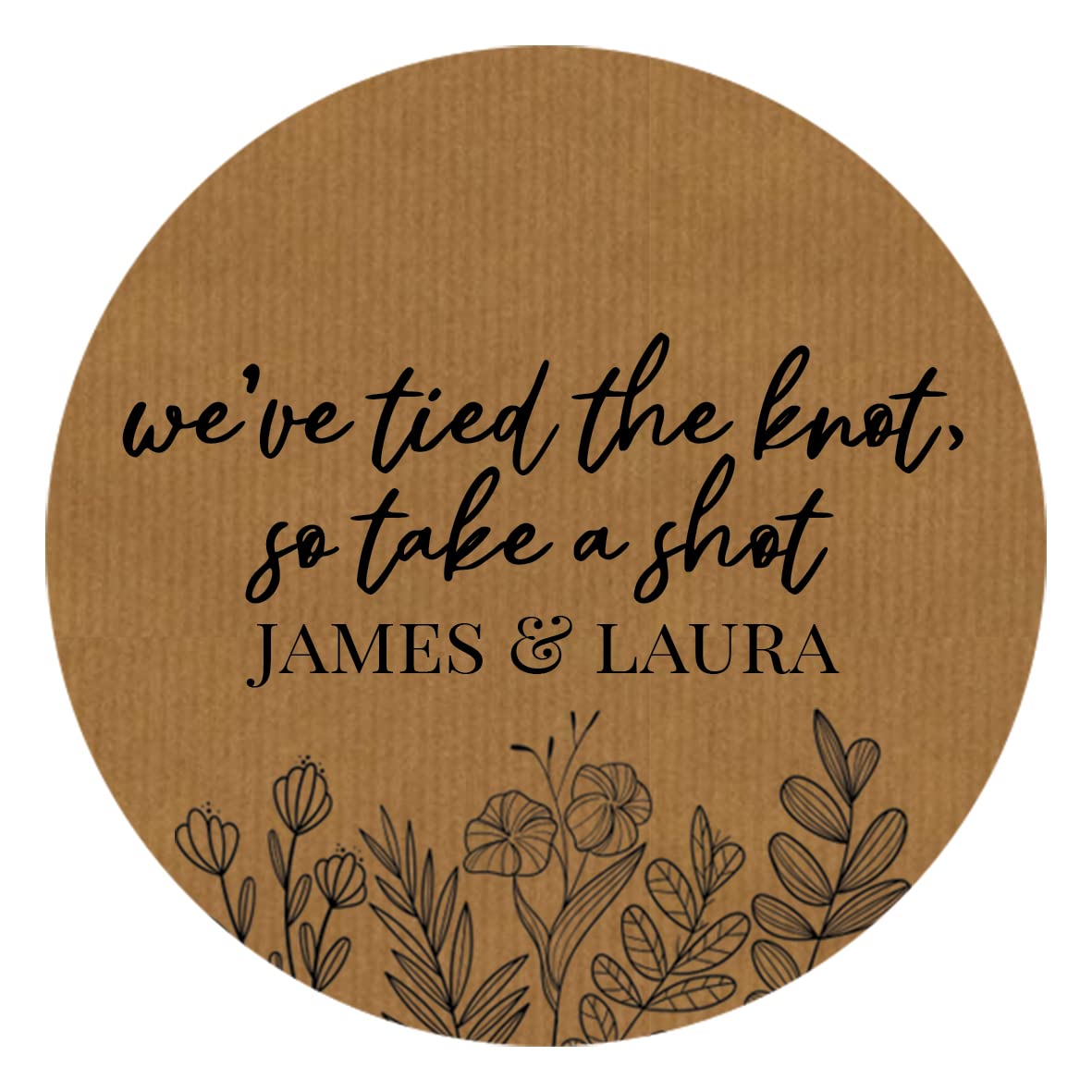 Personalised Wedding Shot Glass Stickers/Labels (45mm (24 per Sheet), We've Tied Thed Knot Now Take A Shot, Brown)