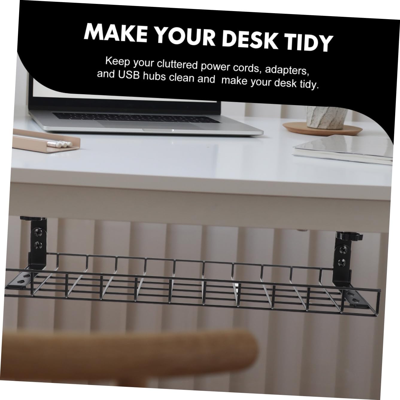 Organizador de Cables de Acero Negro Debajo del Escritorio Diseño Compacto Ajustable para Gestión Práctica y Almacenamiento de Cables y Enchufes