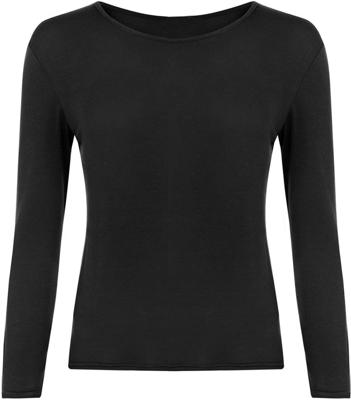 Ladies Women Basic Long Sleeve Plain Round Neck Ladies Stretch Plus Size Top T Shirt (Black, UK XXXL)