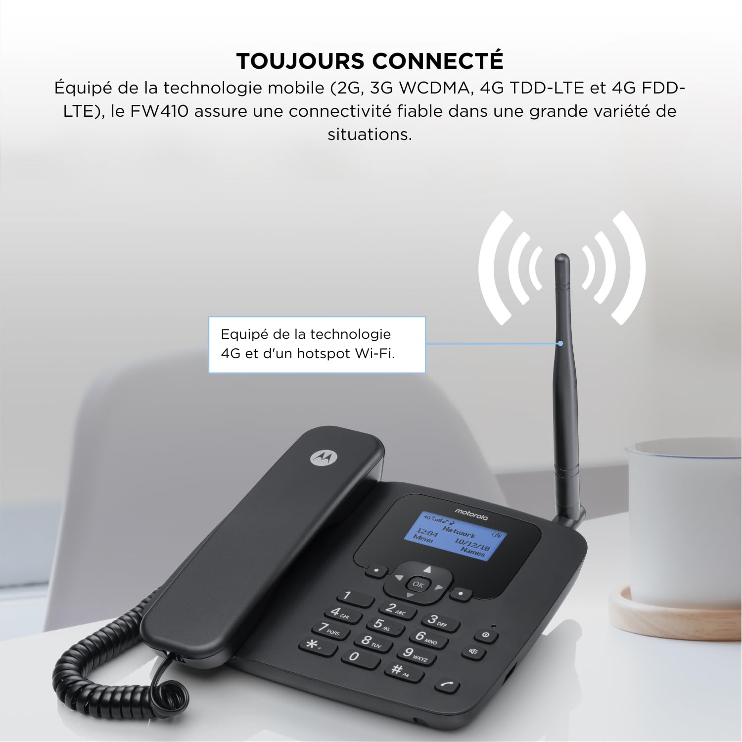 Motorola FW410L Téléphone Fixe sans Fil 4G, Hotspot WiFi, GSM Quad Band, Batterie de Secours