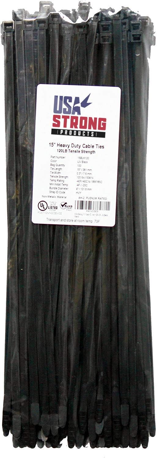 Heavy Duty Cable Zip Ties. Durable strong nylon tie wraps, 120 LB Tensile Strength (15 Inch 100 Pack, UV Black)