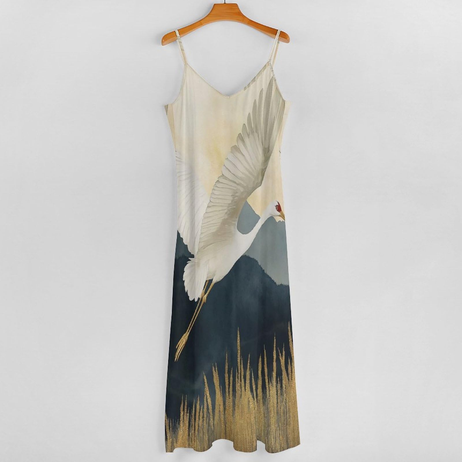 Abito Estivo da Donna - Gru Animali Abito Lungo Ampio Senza Maniche con Scollo A V E Spalline Sottili, Modello A Trapezio, Elegante Abito da Festa.