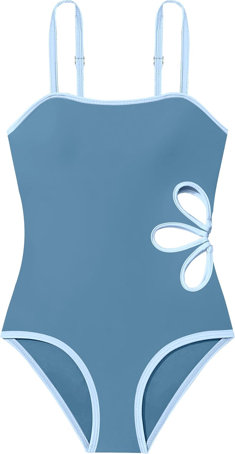 Shallmu Girls Swimsuit Cut Out One Piece Bathing Suit Color Contrast Trim Adjustable Straps Swimwear Size 9-16