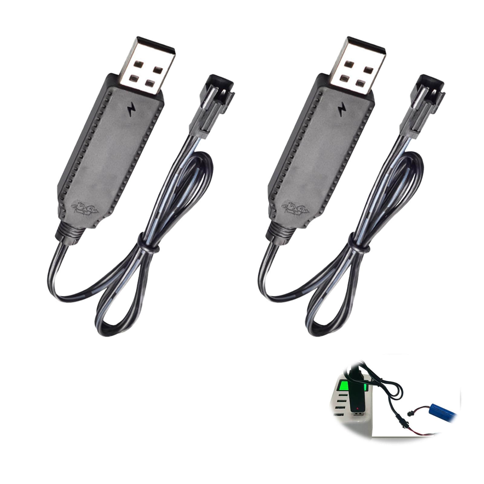 2 szt. Kabel USB do ładowania, akumulator litowo-jonowy 3,7 V z kablem ładującym USB Złącze SM 2P Wskaźnik LED do zabawek RC Samochodów Ciężarowych Drony Łodzie i samolotów Zdalnie sterowanych łodzi
