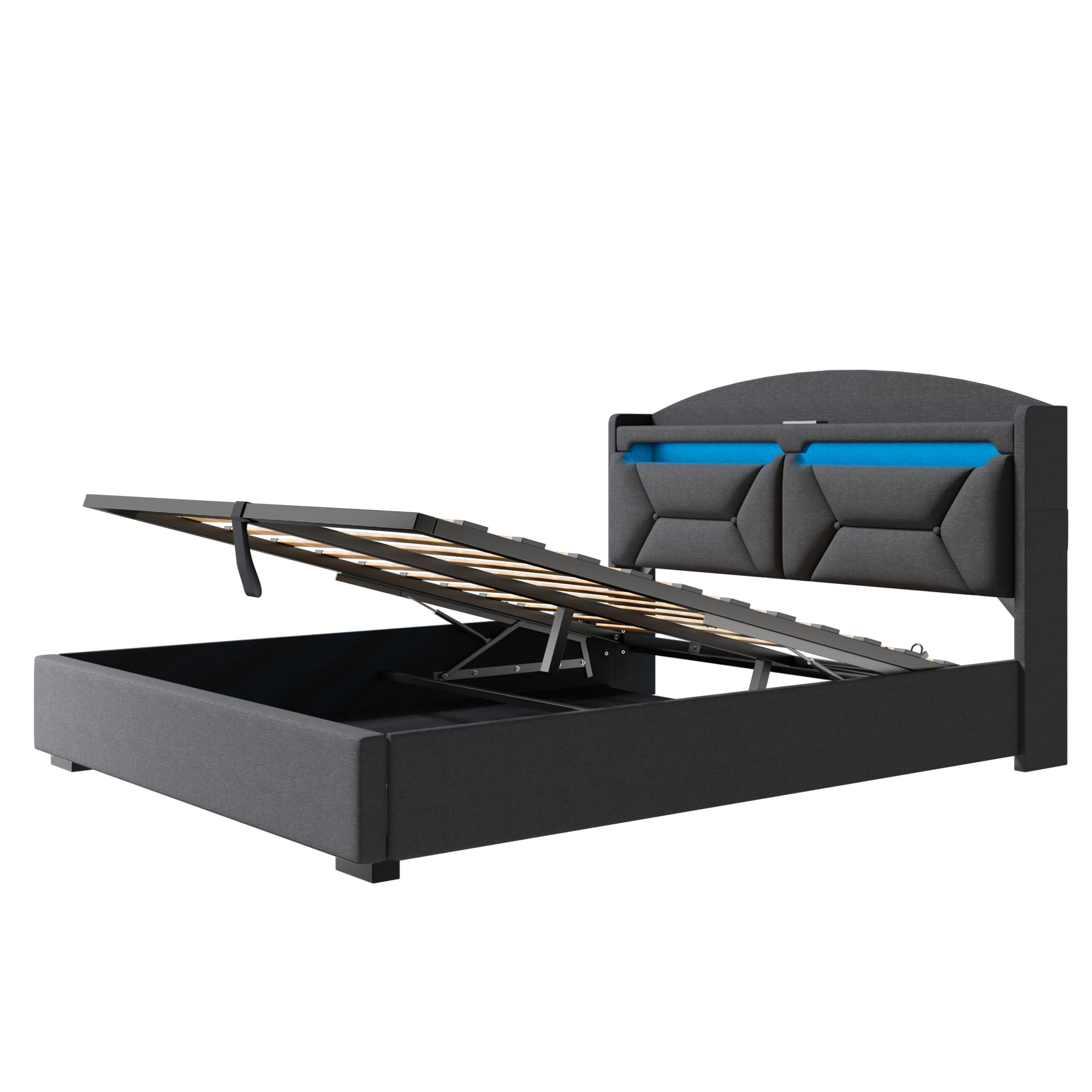 Cama Matrimonio 160x200 con Almacenamiento, Camas Matrimoniales con LED, Puertos USB y Type-C, Canape 160x200 Hidráulico, Cama Matrimonio con Cabecero, Lino, Gris, Colchón No Incluido