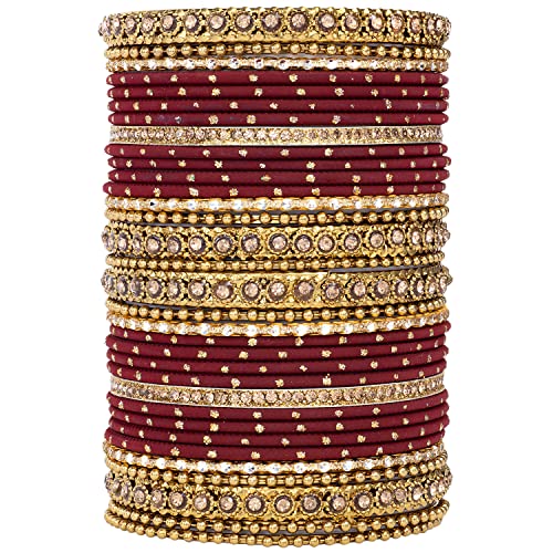 Aheli Gold Plated Synthetic Stone Studded Maroon Silk Thread Bangles Set Ethnic Jewelry Gift for Women 2.6 Inch