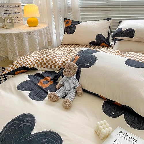 Miniatura 6 de CLOTHKNOW Juego de edredón floral negro tamaño matrimonial, juego de ropa de cama de girasol, edredón a cuadros de calabaza, edredón beige y negro