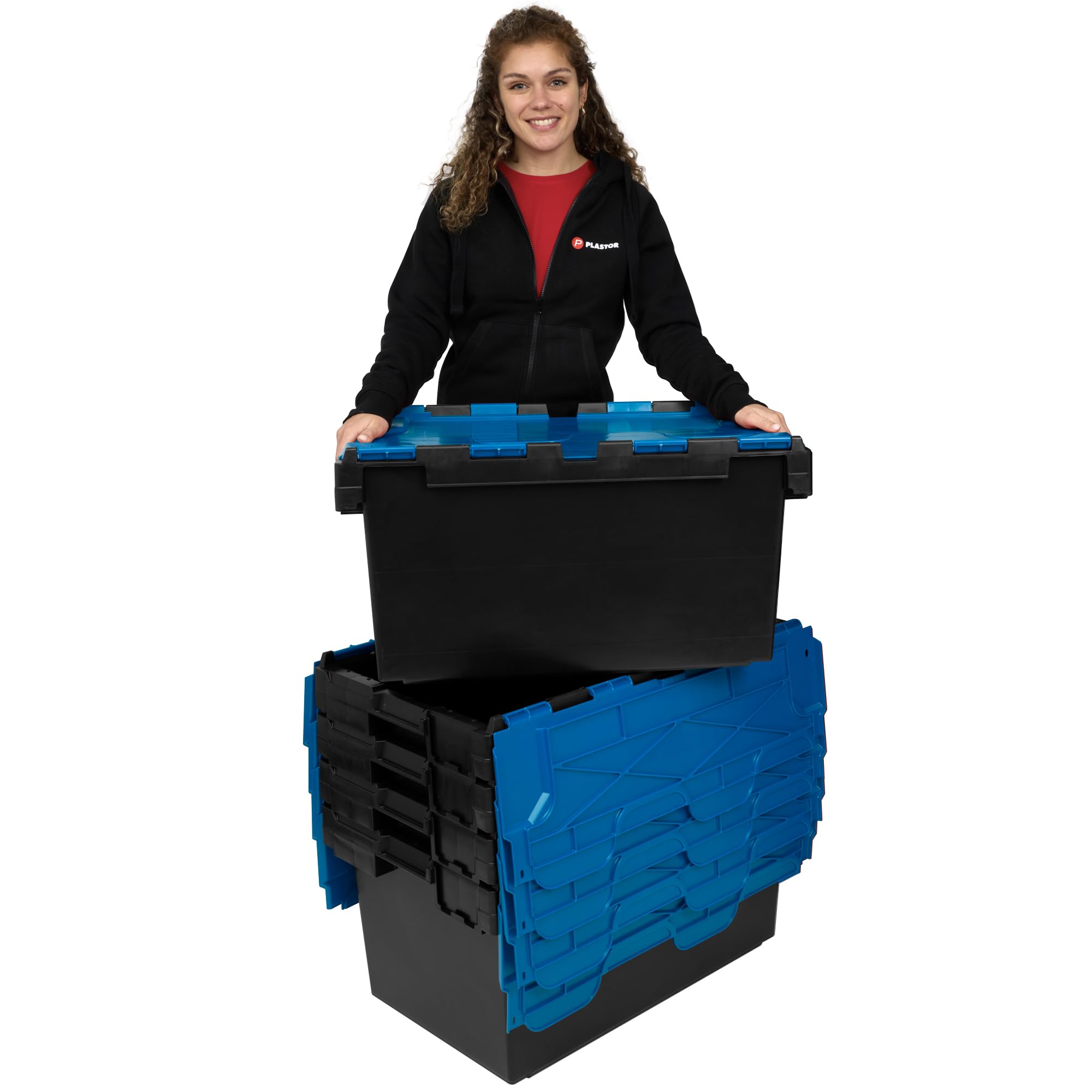 Plastor Pack of 5 - Large Plastic 80 Litre Heavy Duty Storage Boxes (71 x 46 x 36.8cm) Black and Blue LC3 Crates with Attached Hinged Lids