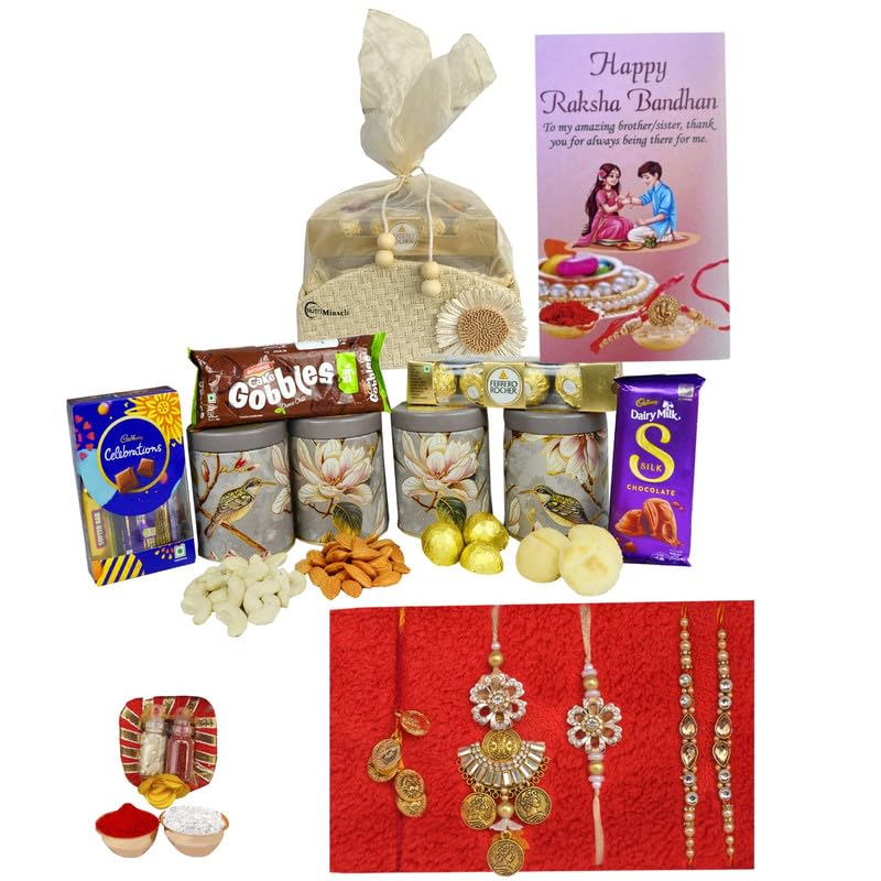 Image of NUTRI MIRACLE Rakhi Gift for Brother with Chocolates, Tilak and Greeting Card | Dry Fruits Gfit Hamper in Morning Glory Printed Jar