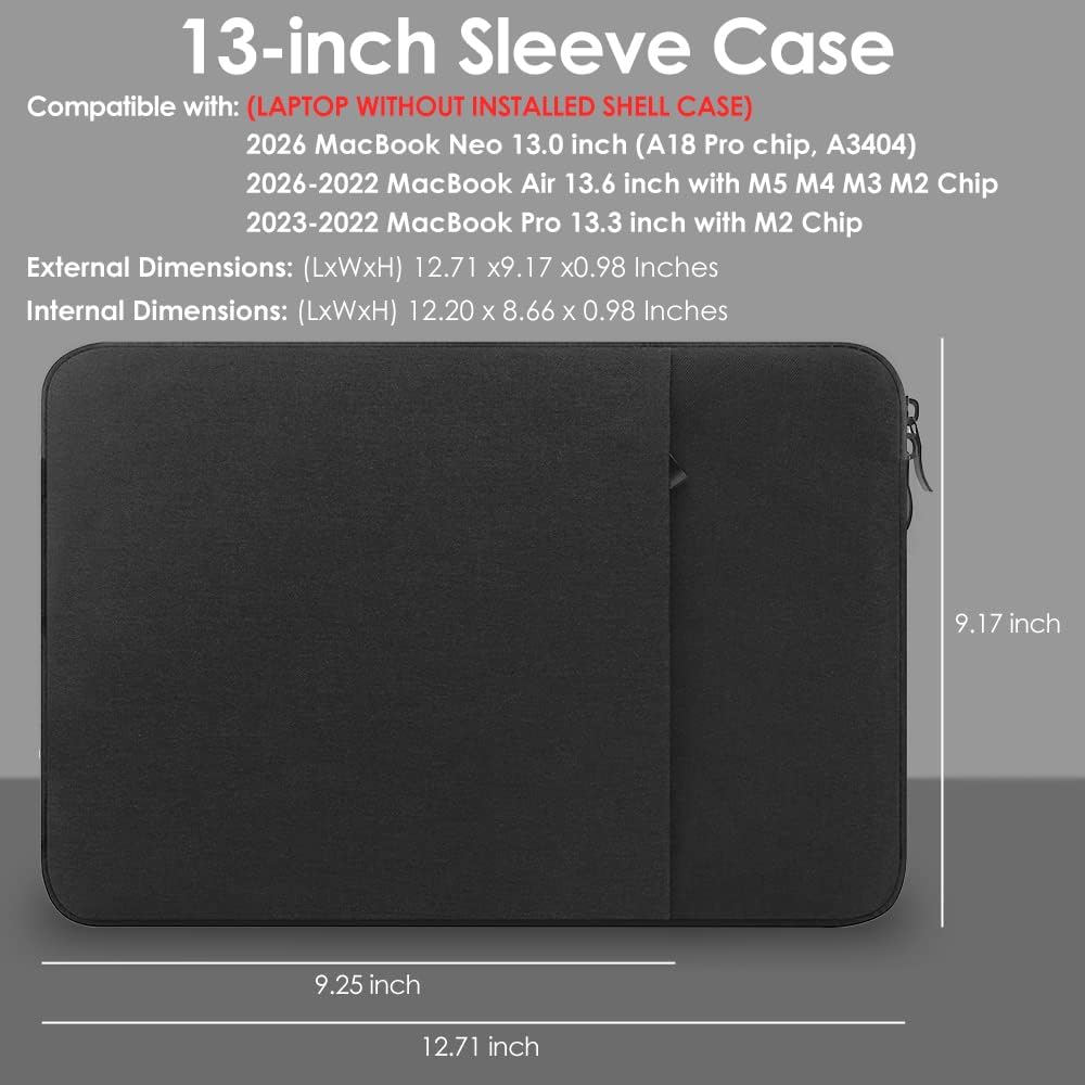 ProElife 13-Inch Laptop Sleeve Case for MacBook Air 13.6 inch M5 M4 M3 M2 2026-2022 and MacBook Neo 13 (A18 Pro) Bag with Accessories Pocket, Water-Resistant Carrying Protective Case (Black)