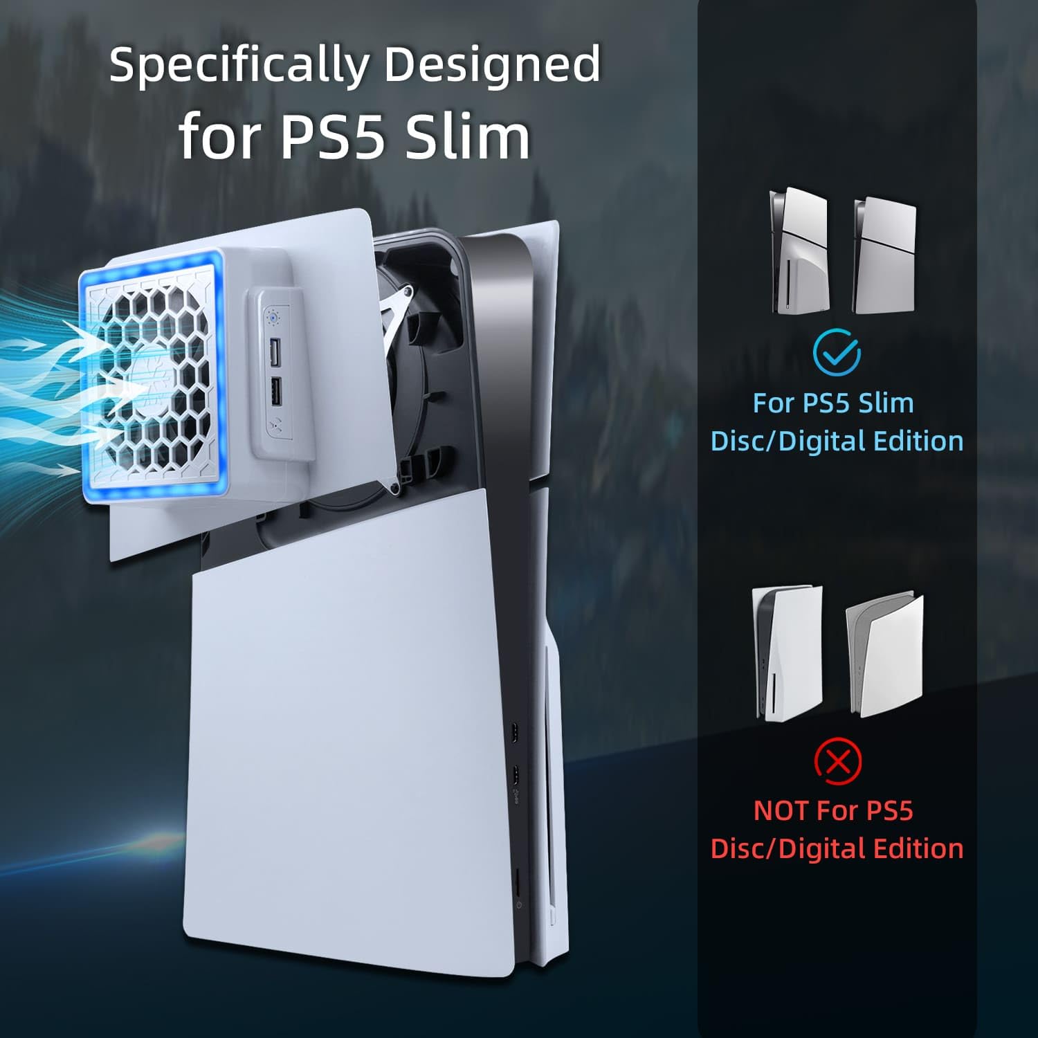 Mcbazel PS5 Slim Façade Plaque Ventilateur de Refroidissement avec Lumière RVB,Dissipation Thermique à 3 Vitesses Compatible avec PS5 Slim Digital/Disc Edition – Blanc(Non pour PS5/PS5 Pro)