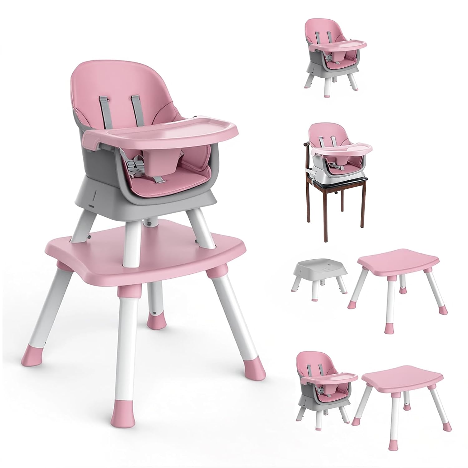 7 in 1 High Chair, Convertible High Chairs for Babies and Toddlers, Infant Dining Booster Seat, Table and Seat Set, Removable Tray, Pink