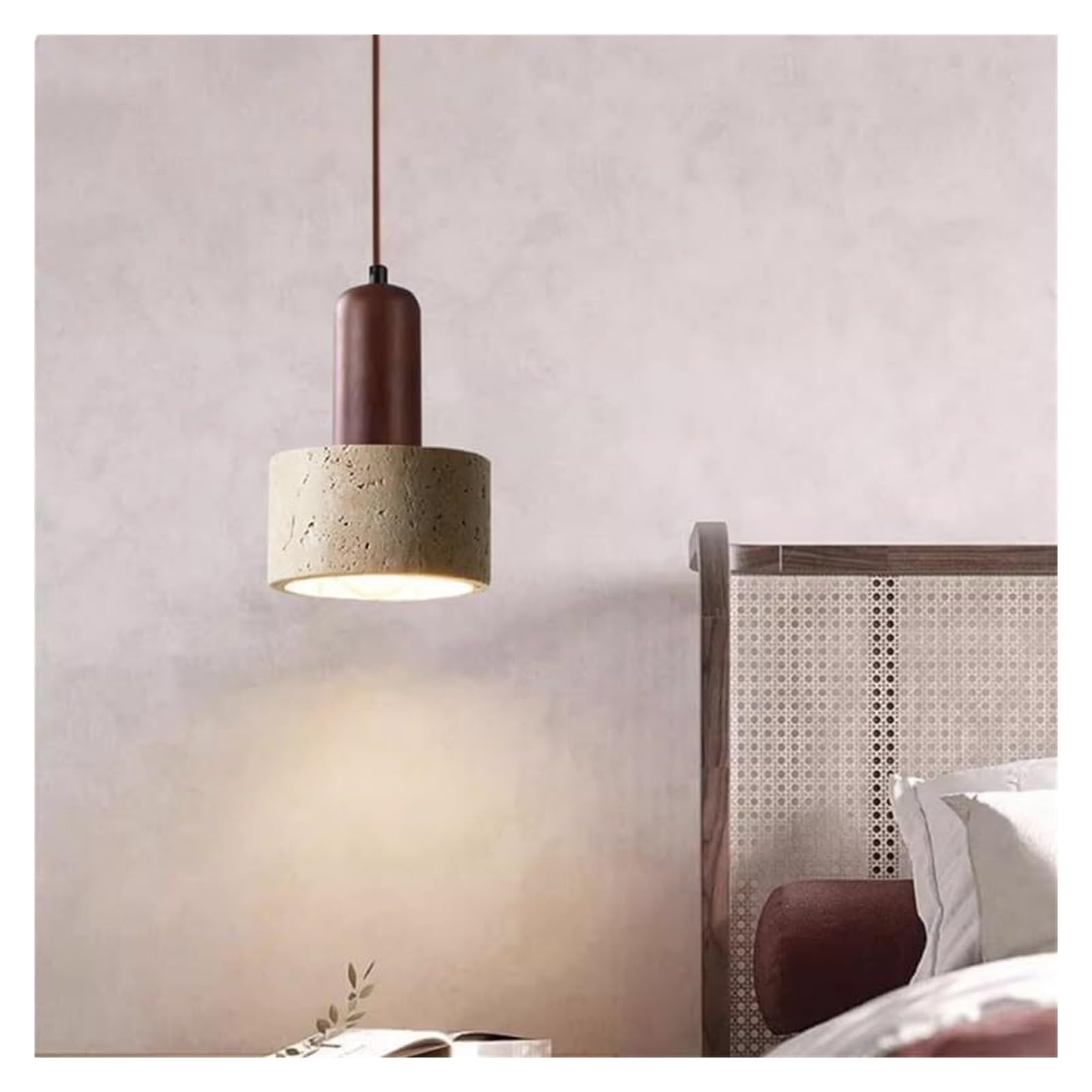Suspension, mini-cylindre en pierre naturelle, suspension en bois de noyer, travertin, luminaire suspendu for îlot de cuisine for salle à manger, chambre à coucher, restaurant(15cm)