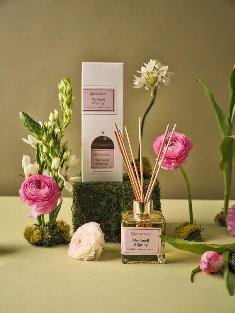 Aromatique The Smell of Spring Reed Diffuser | Home Fragrance Long Lasting Living Room Air Freshener Aromatherapy Deodorizer Oil Nonstop Freshness Notes of Hyacinth, Jasmine, Rose, Vanilla 5oz