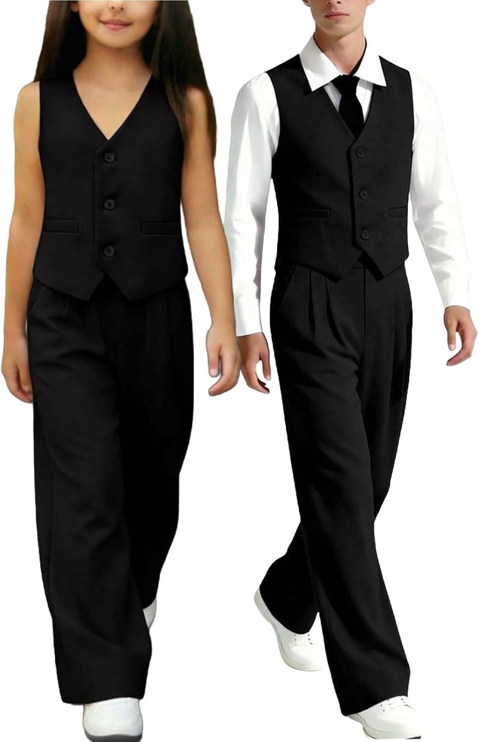 Girls Dressy Summer 2 Piece Outfits Button V Neck Sleeveless Blazer Vest Matching Wide Leg Pants Sets for 1-13 Years