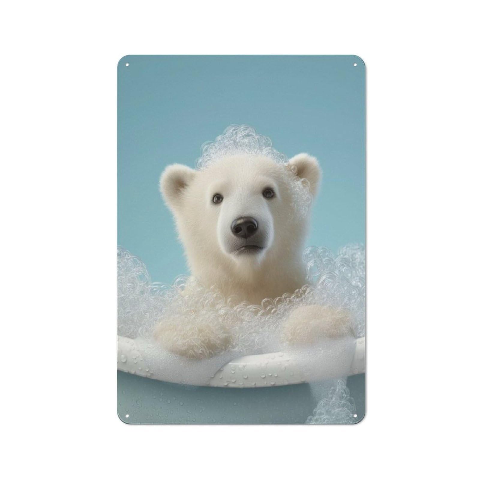 Junmoney Style-14 Metal Wall Sign 30X20cm Featuring Polar Bear Cub In Bubble Bath For Bar Or Restaurant, Gift For Bar Decor Enthusiasts During The Christmas Season
