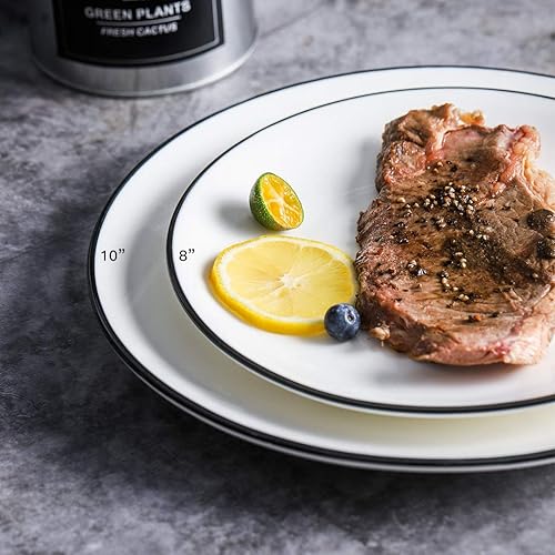 Miniatura 3 de YOLIFE Juego de 6 platos de porcelana de 10 pulgadas, platos redondos blancos con bordes negros