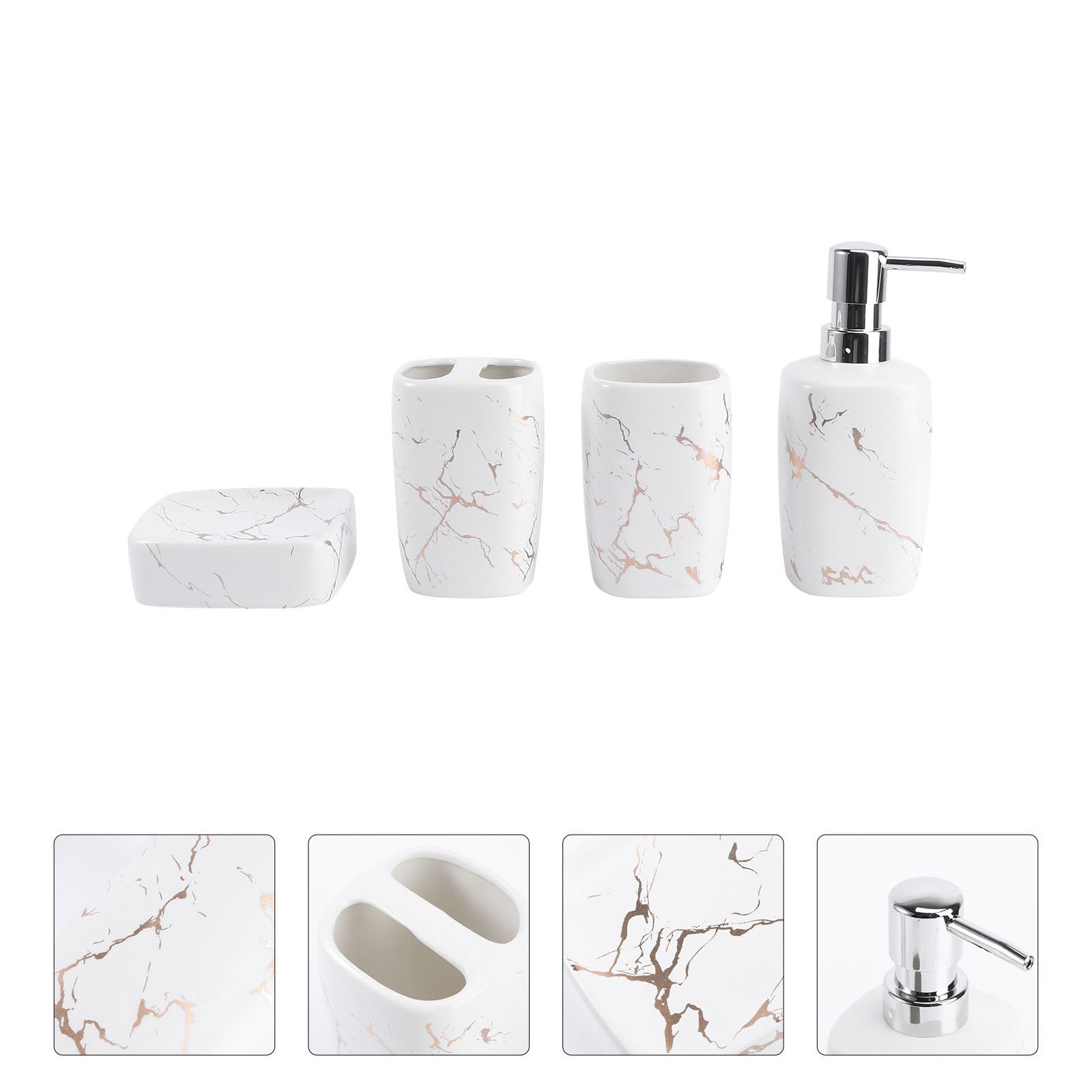 Housoutil Set Accessori Bagno in Ceramica Bianca 4 Pezzi Porta Saponi, Bottiglia Lozione 350ml e Bicchiere per Risciacquo 350ml per Uso Domestico, Superficie Liscia e Design Elegante