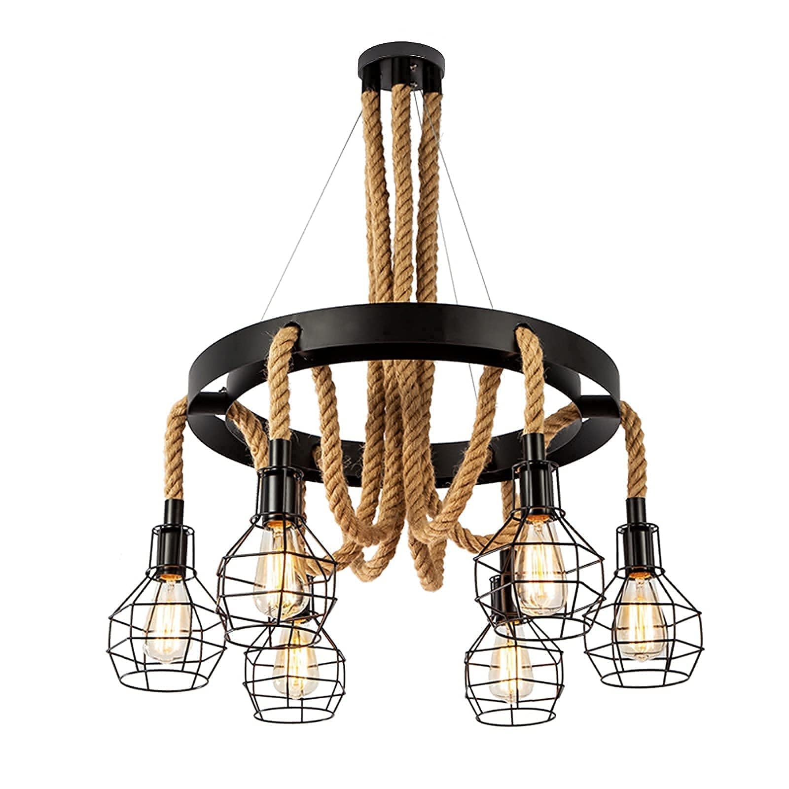 Ceiling Lights Vintage Rope Chandelier, Retro Steampunk Ceiling Pendant Light with Cage Shades for Kitchen Island, 6-Head Industrial Farmhouse Ceiling Light Multiple Adjustable